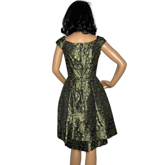 Vintage 1950s Olive Gold Brocade Cocktail Dress with Boned Bodice XS - Picture 5 of 17